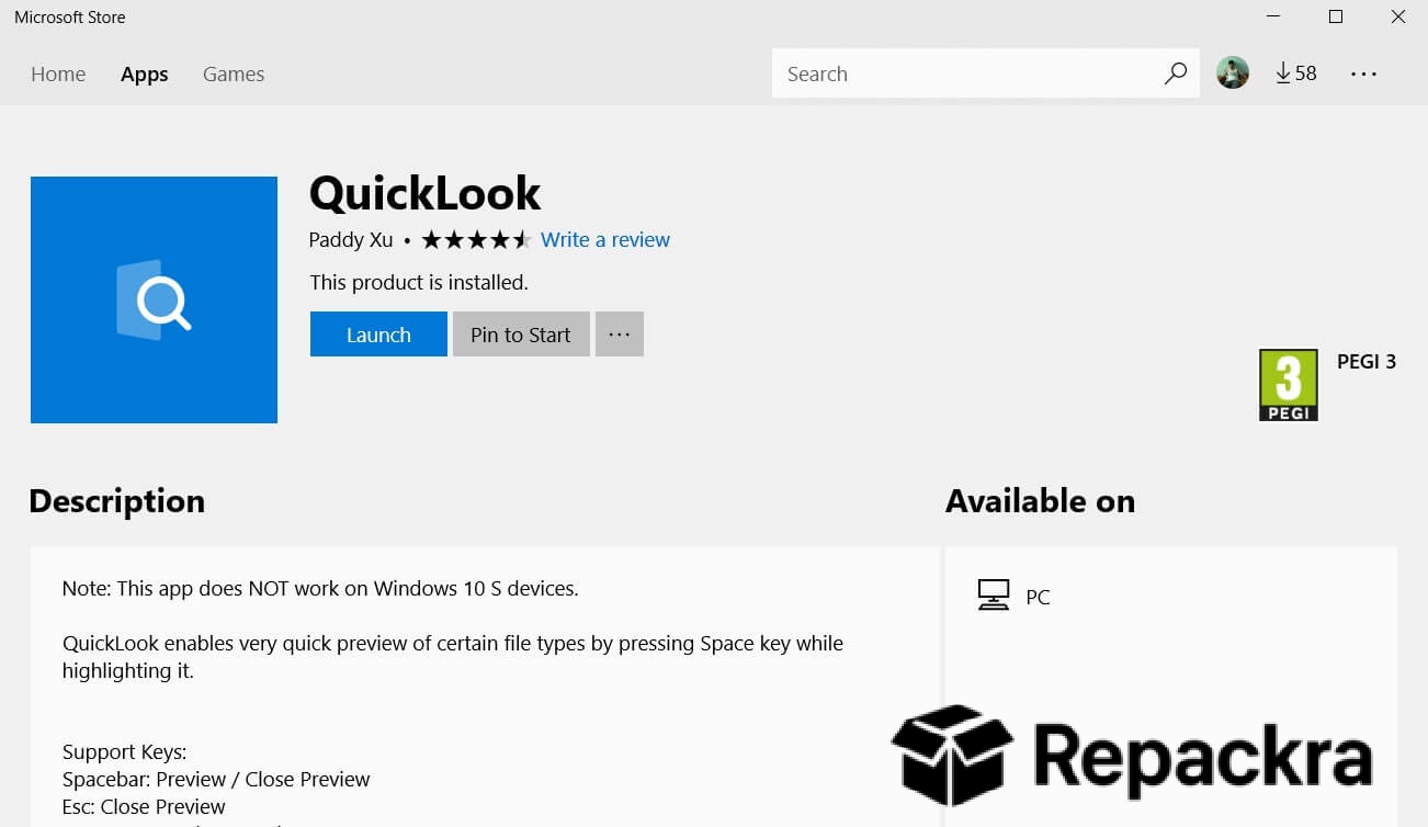 QuickLook App Microsoft Store Listing Page Screenshot