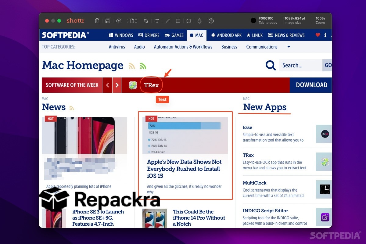 Shottr macOS Screenshot Editor Interface Showing Softpedia Website Capture with Annotations