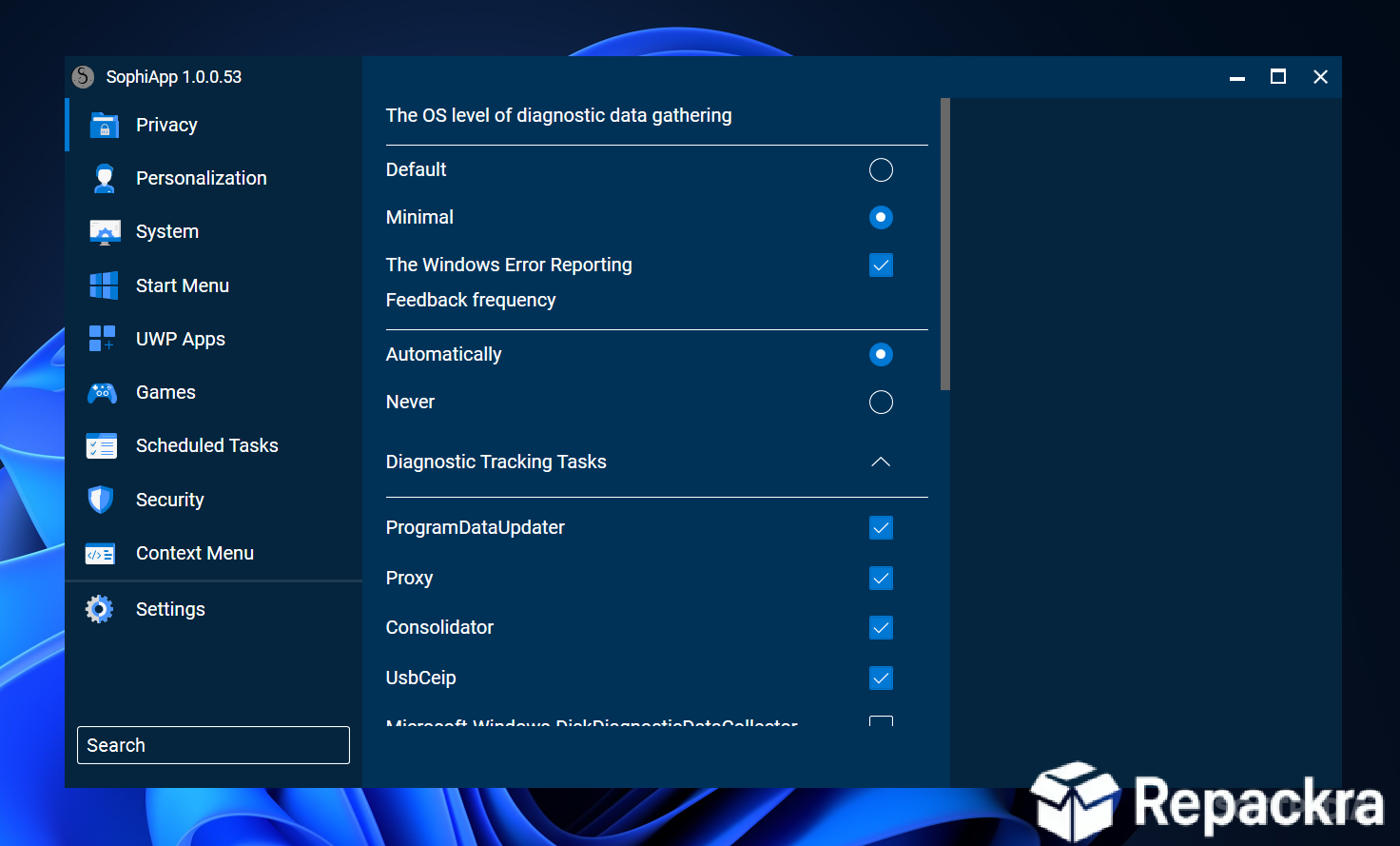 SophiApp Privacy Settings Interface Screenshot