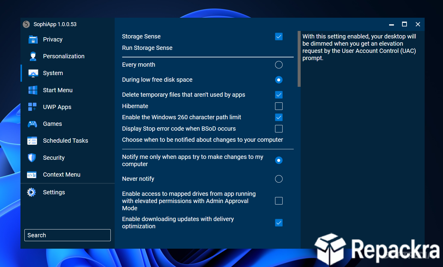 SophiApp System Settings Interface Screenshot