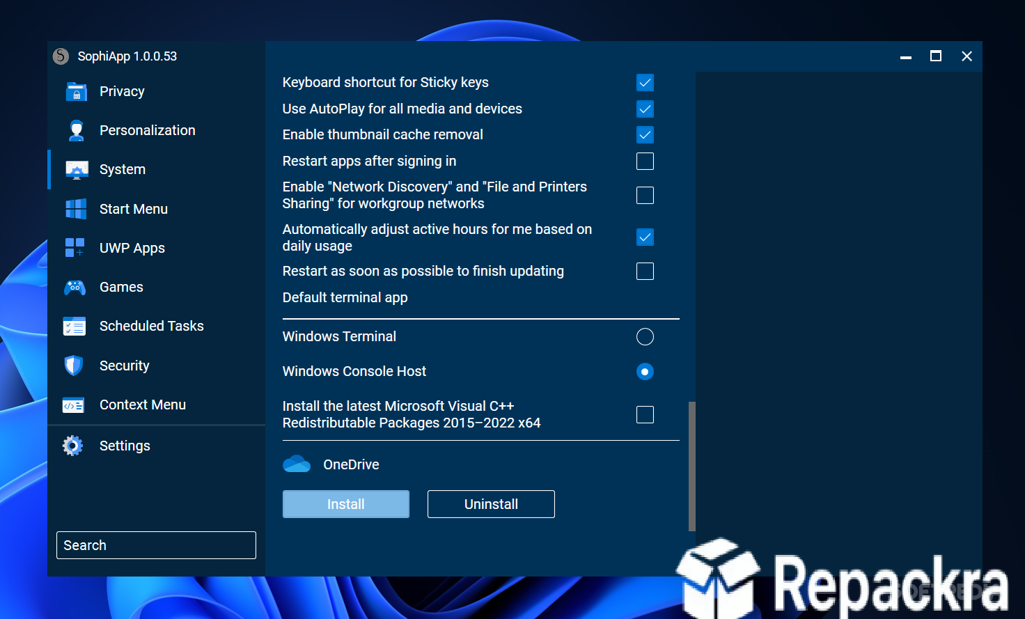 SophiApp System Settings and Utility Options Interface Screenshot