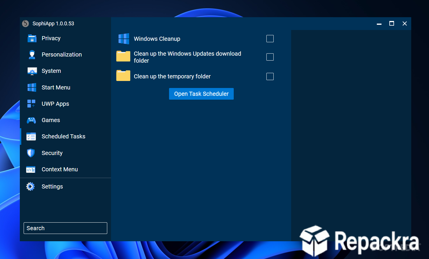 SophiApp Scheduled Tasks Cleaning Options Interface Screenshot