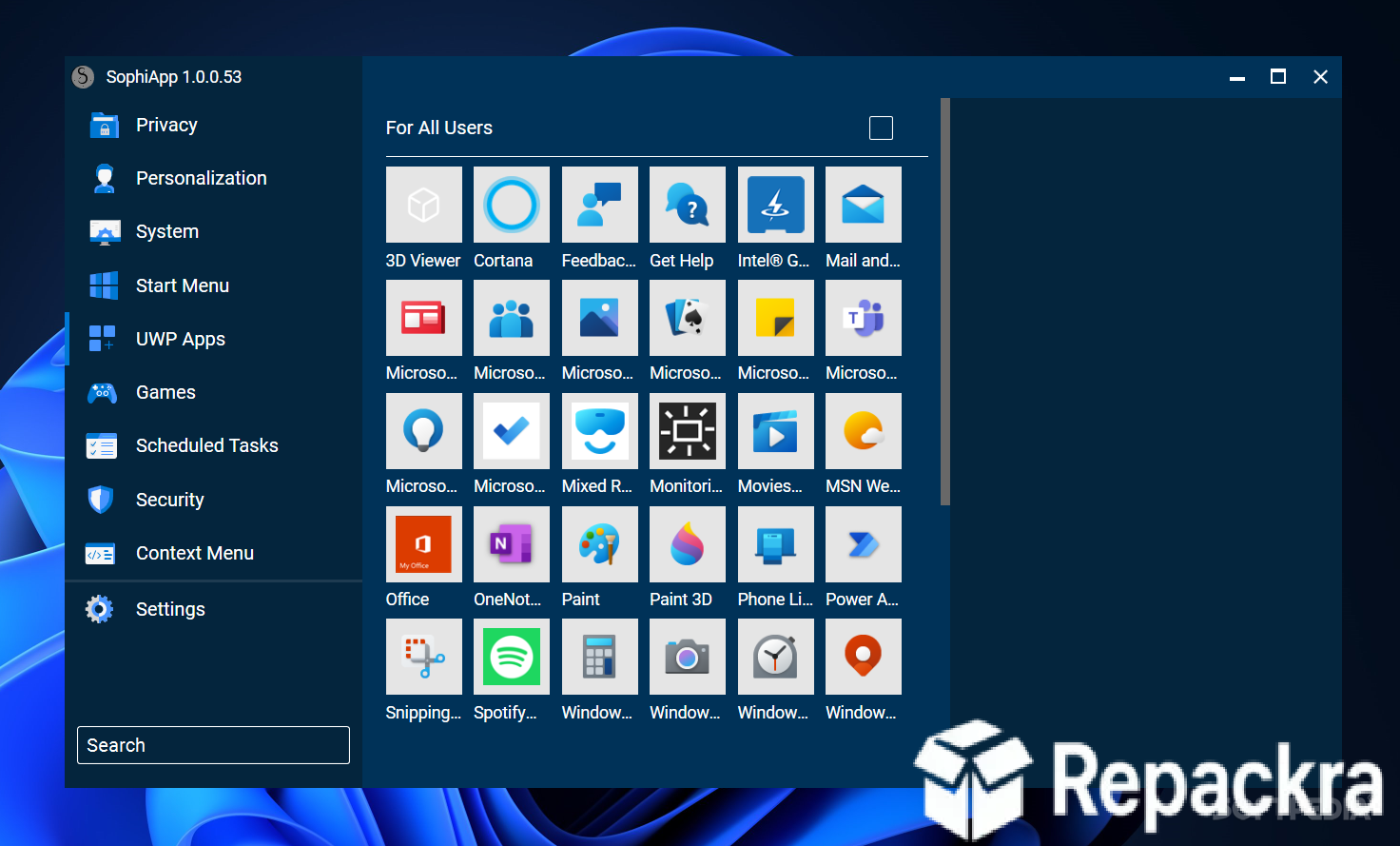 SophiApp UWP Apps Uninstaller Interface Screenshot