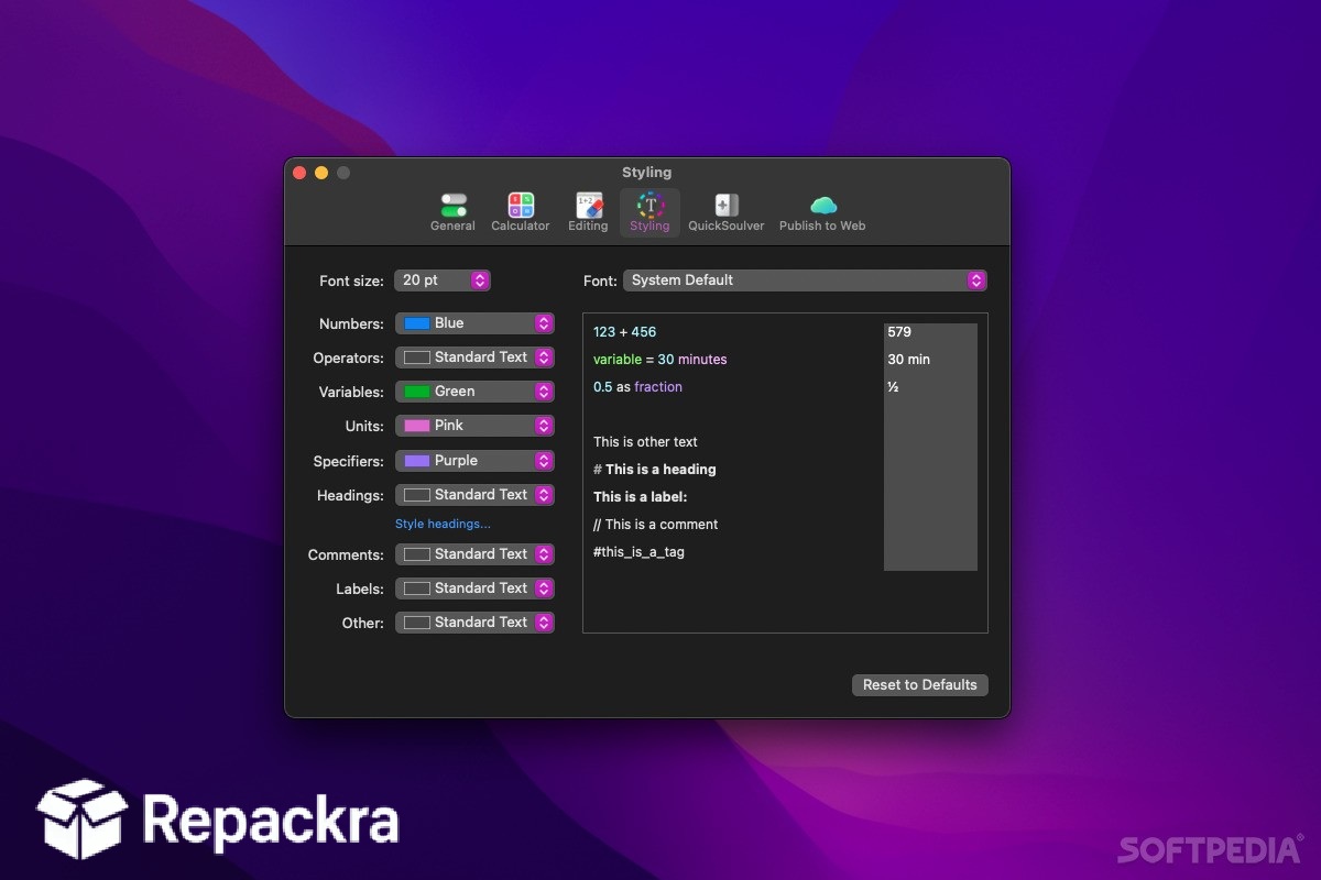 Soulver Preferences Styling and Syntax Highlighting Settings Interface Screenshot