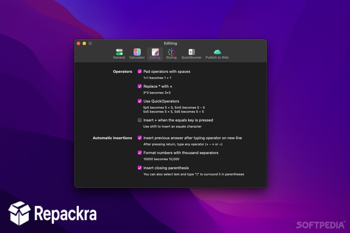 Soulver Preferences Editing and Automatic Insertions Settings Interface Screenshot