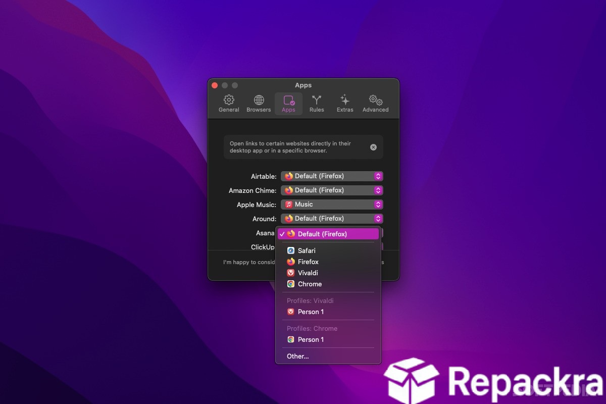 Velja macOS App Specific Desktop Routing Preferences Screenshot