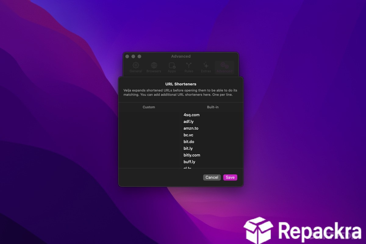 Velja macOS App Advanced URL Shorteners Configuration Window Screenshot