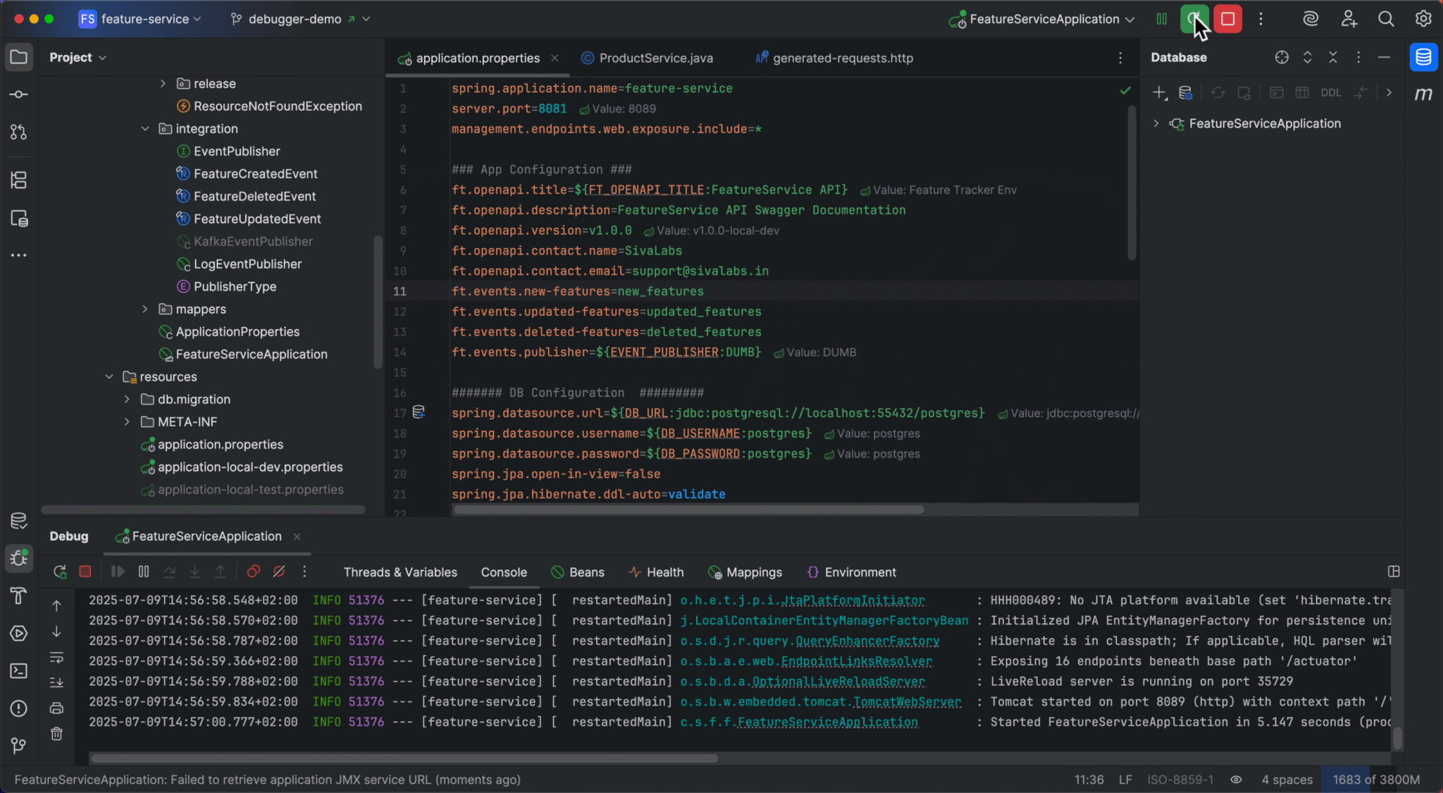 IntelliJ IDEA Spring Boot Configuration and Debugger Console Interface Dark Theme