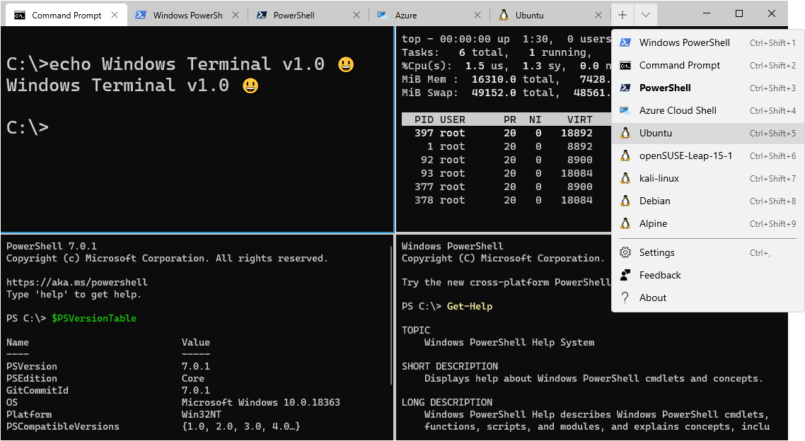 Windows Terminal Split Panes Interface with Multi-Profile Dropdown Menu