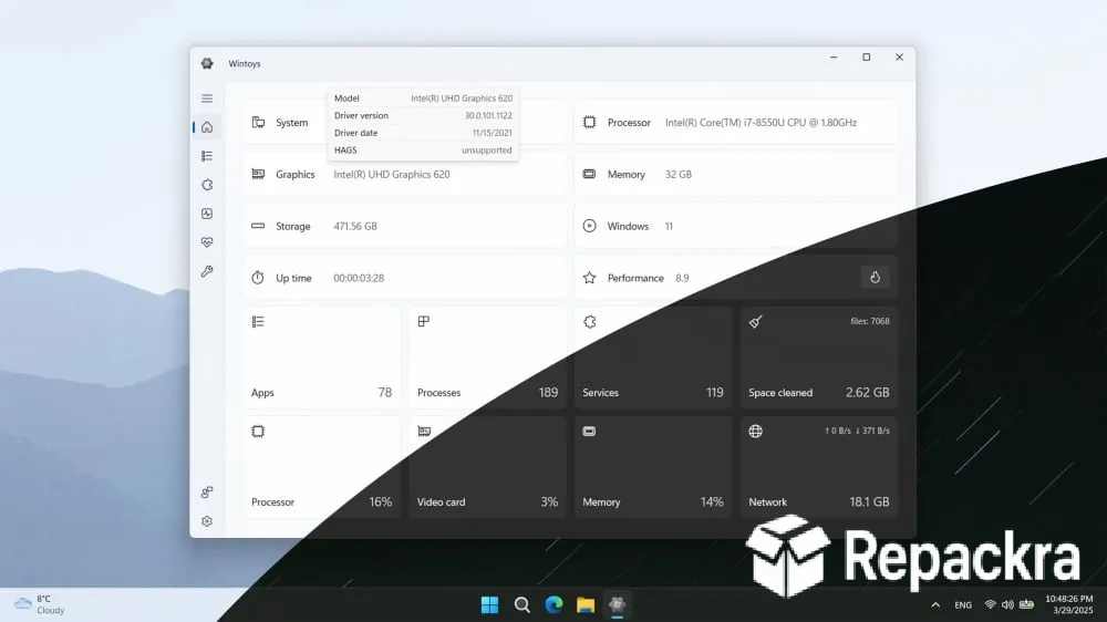 Wintoys System Information and Performance Dashboard Interface Light and Dark Mode Comparison Screenshot