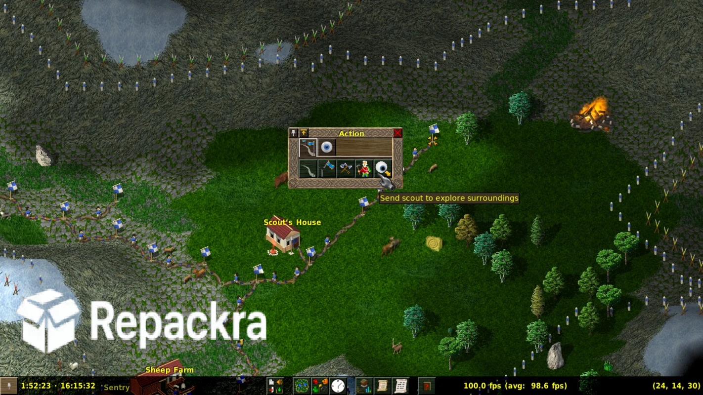 Widelands RTS Game Scout's House Action Menu Gameplay Screenshot