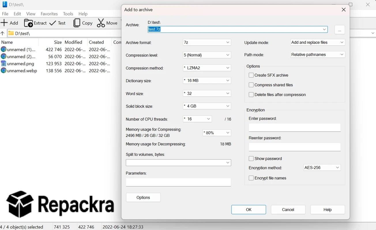 nanazip-add-to-archive-compression-parameters-interface