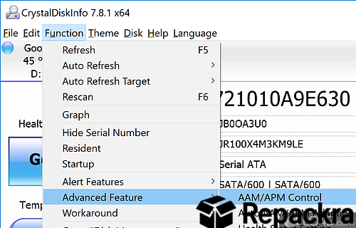 CrystalDiskInfo 7.8.1 x64 Function Menu Expanded Settings Screenshot