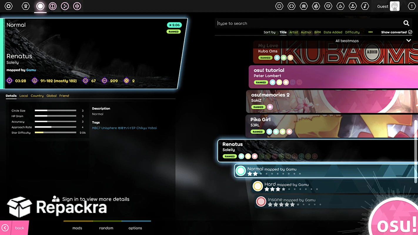 osu!lazer Song Select and Beatmap Details Screen