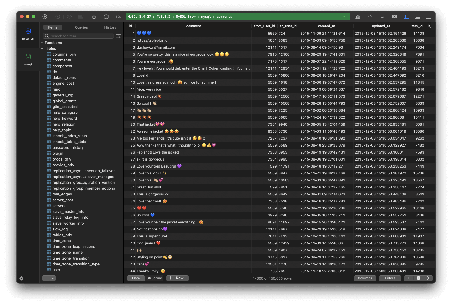 TablePlus MySQL Database Table Viewer Dark Theme Interface