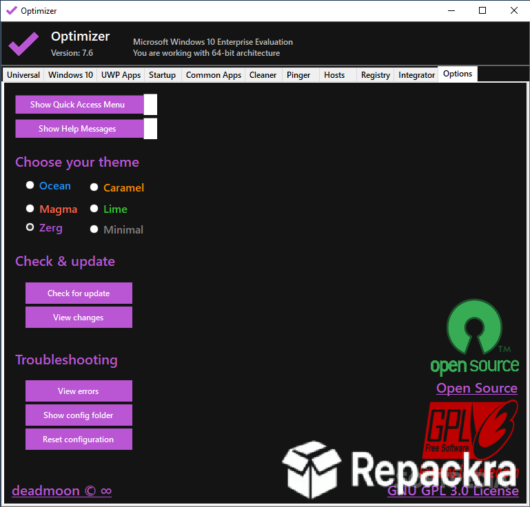 Optimizer Options and Theme Settings Interface Screenshot