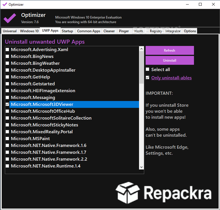 Optimizer UWP Apps Uninstaller Dark Mode Interface Screenshot