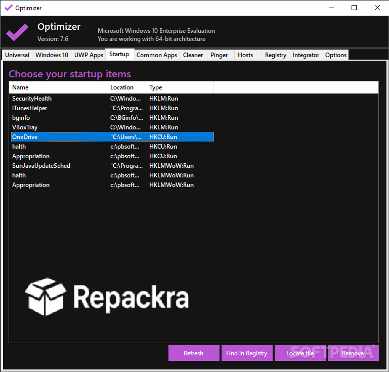 Optimizer Startup Items Manager Dark Mode Interface Screenshot
