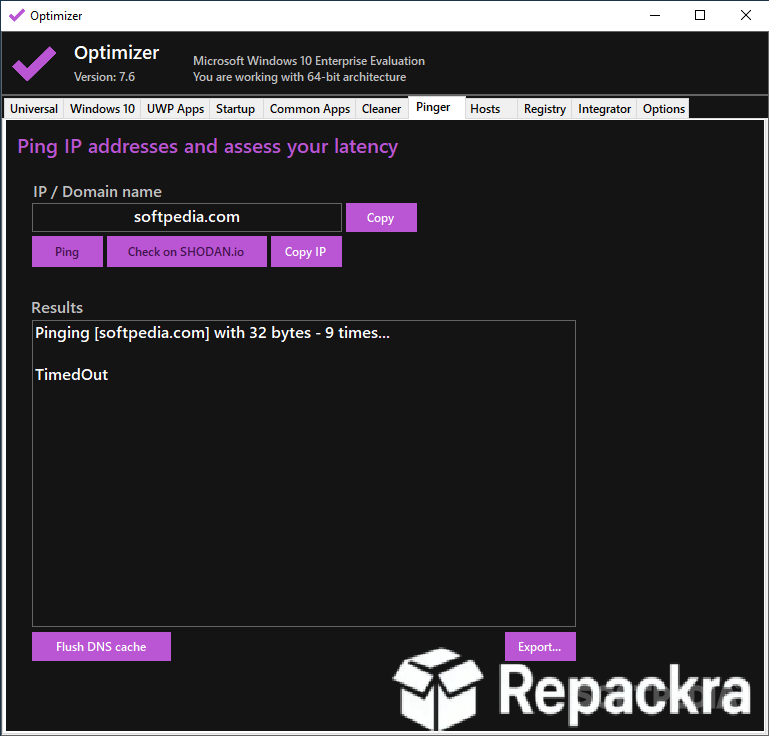 Optimizer Network Pinger Latency Tool Dark Mode Interface Screenshot