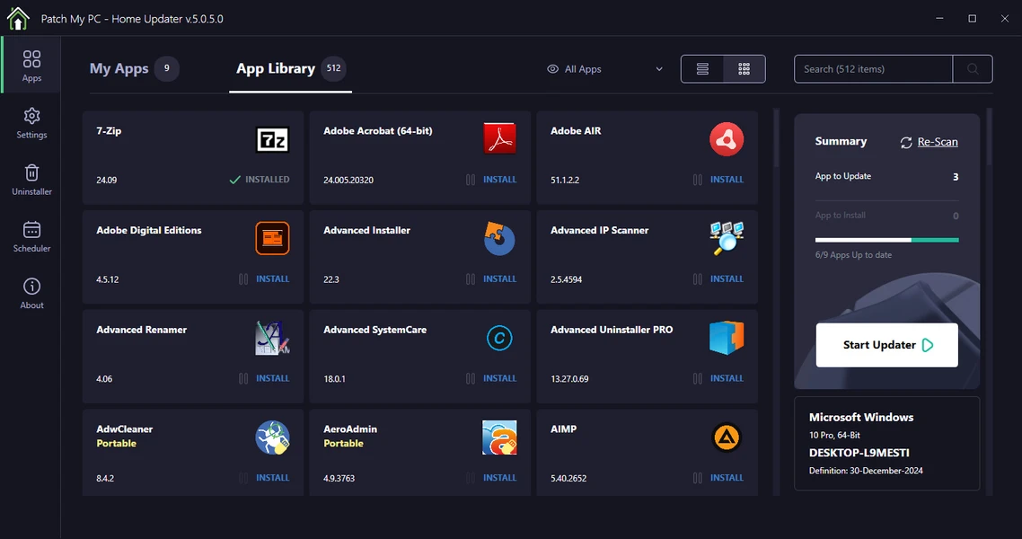 Patch My PC Home Updater App Library Tab Interface