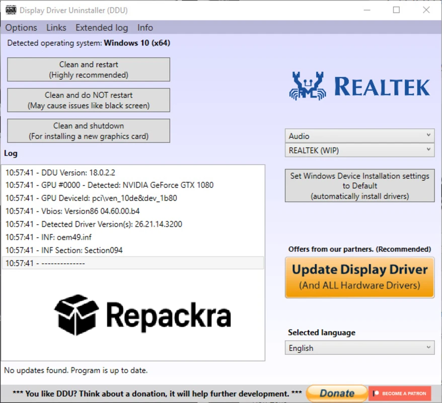 Display Driver Uninstaller DDU Realtek Audio Selection Screenshot