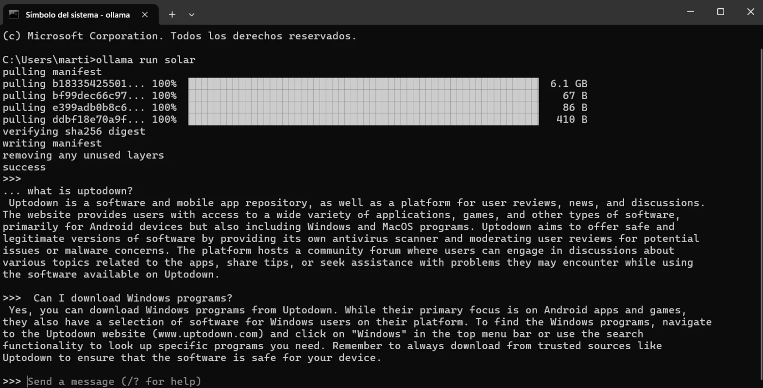 Ollama Terminal Session Querying Solar Model About Uptodown Platform