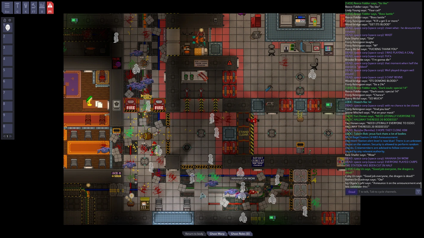 Space Station 14 Multiplayer Gameplay Screenshot Showing Chaos and Debris