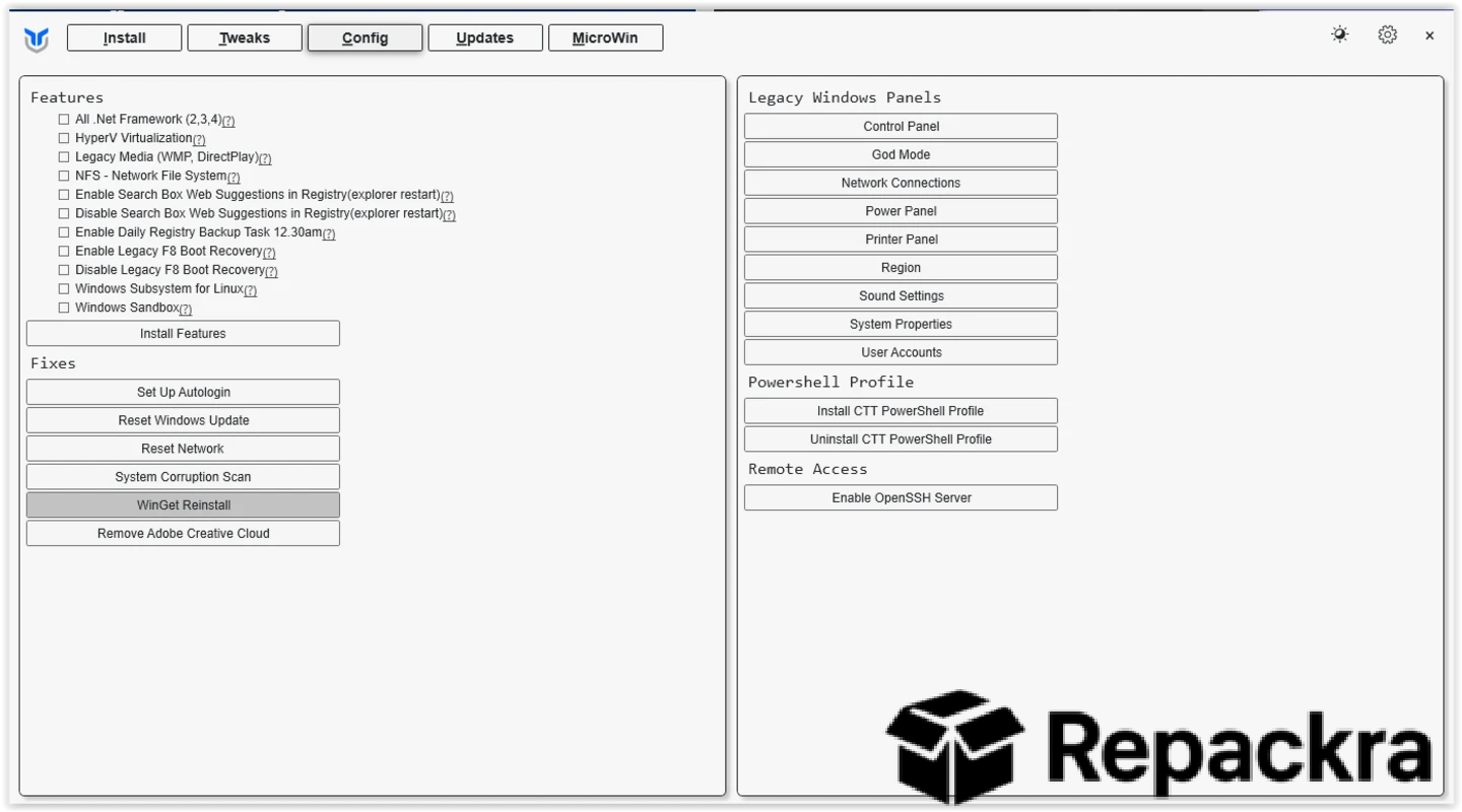 Chris Titus Tech Windows Utility Config Tab Interface Screenshot