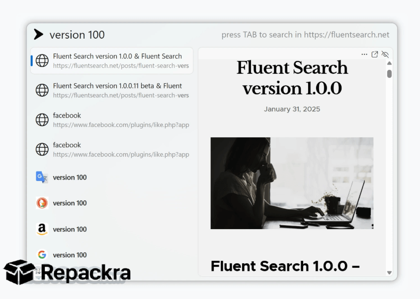 Fluent Search Desktop App Web Results In-App Preview Window Screenshot
