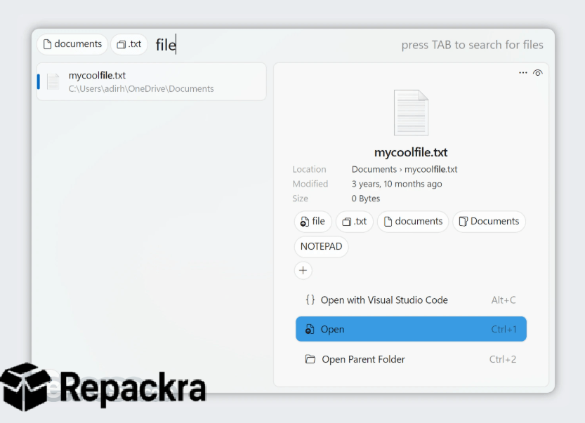 Fluent Search Desktop App File Search Results Preview Screenshot