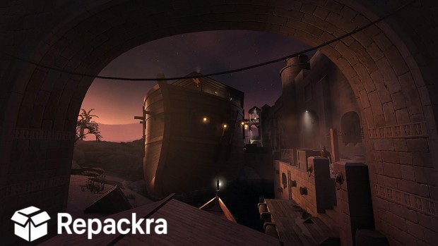 The Dark Mod Harbor Night Scene Wooden Ship Under Stone Arch Screenshot