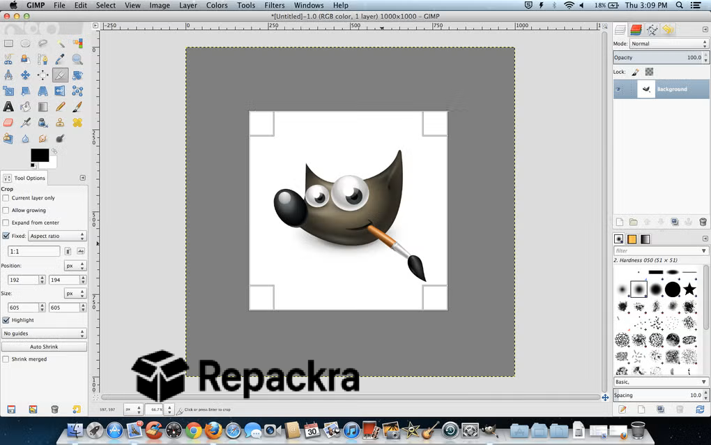 GIMP User Interface Screenshot on macOS Showing Crop Tool Active