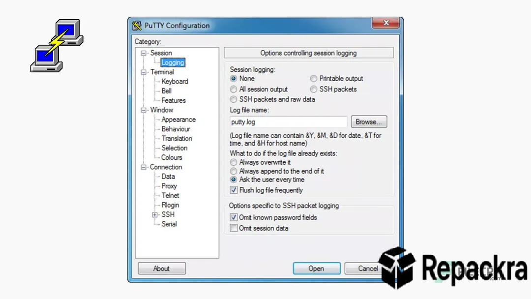 PuTTY Configuration Window Showing Session Logging Settings