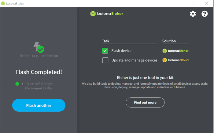 balenaEtcher Flash Completed Success Screen for Debian ISO