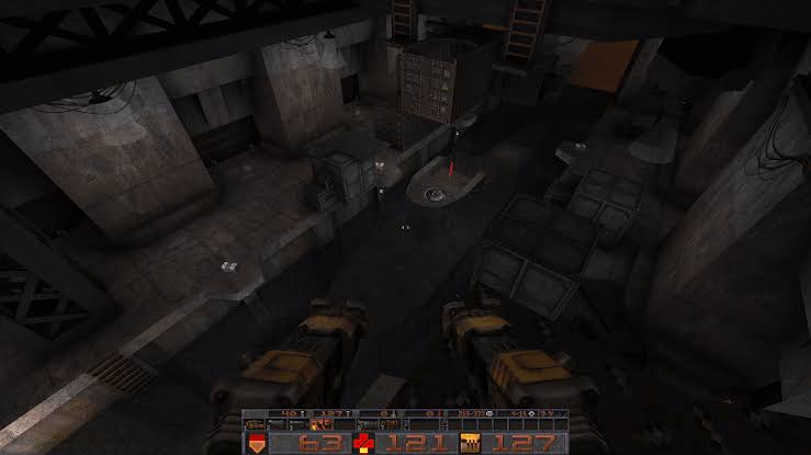 Quake Brutalist Jam Gameplay Screenshot Showing Industrial Concrete Architecture