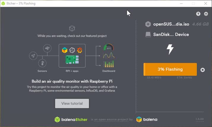 balenaEtcher Active Flashing Progress Screen for openSUSE ISO
