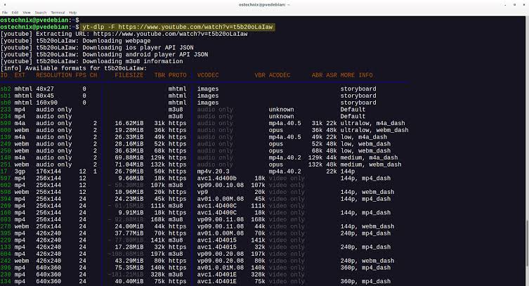 yt-dlp Command Line Format Selection Table Output in Linux Terminal