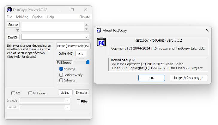 FastCopy Pro Interface and About FastCopy Version Dialog Window