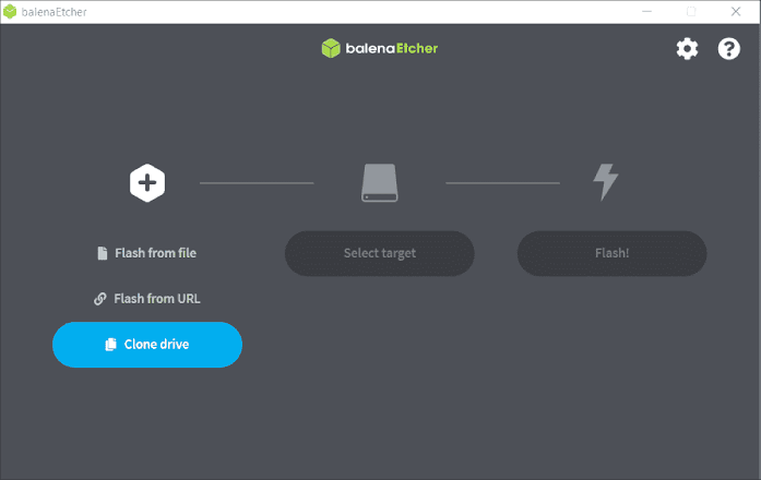 balenaEtcher User Interface Showing File Selection and Drive Cloning Options