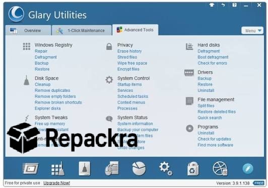 Glary Utilities Advanced Tools Interface with