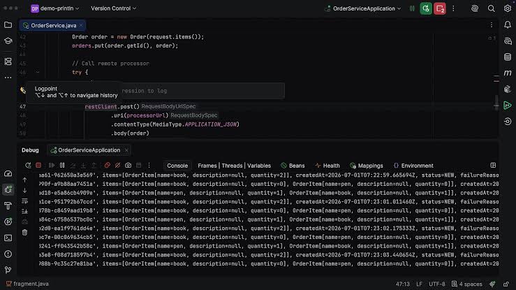 IntelliJ IDEA Debug Console and Logpoint Editor Window in Dark Theme