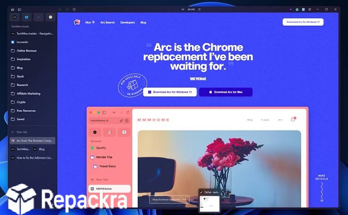 Arc Browser Windows Landing Page and Sidebar Interface Screenshot