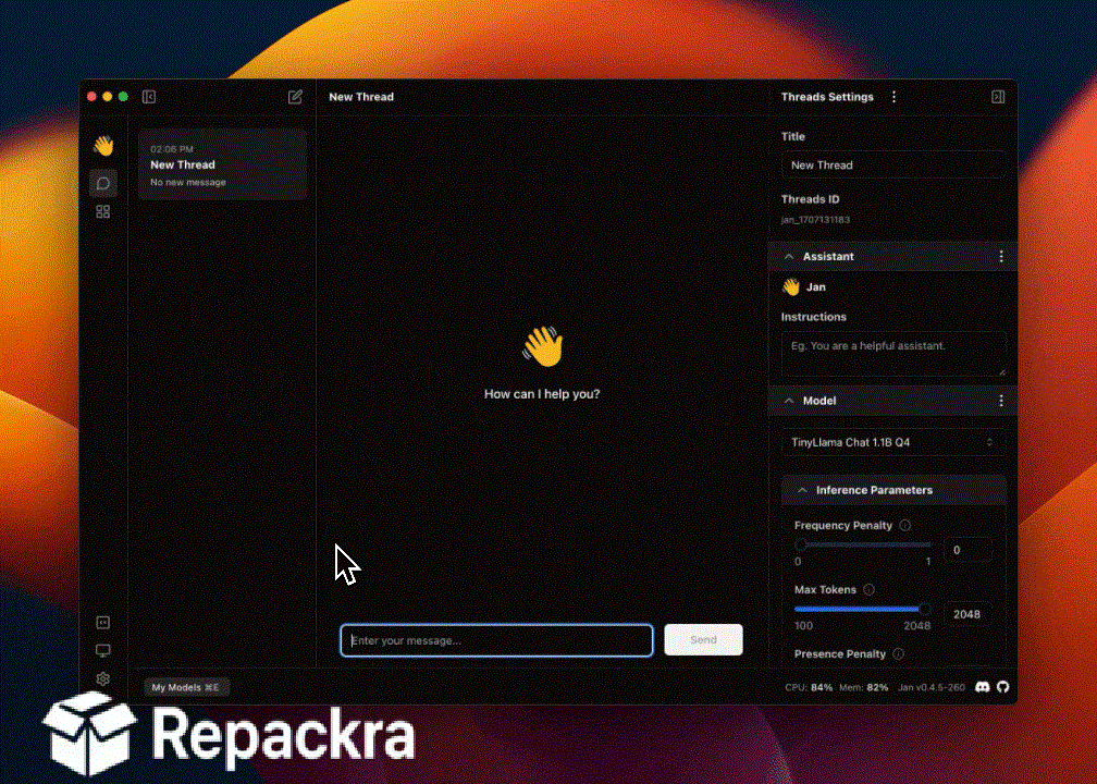 Jan AI Desktop Chat Interface and Settings Panel on macOS