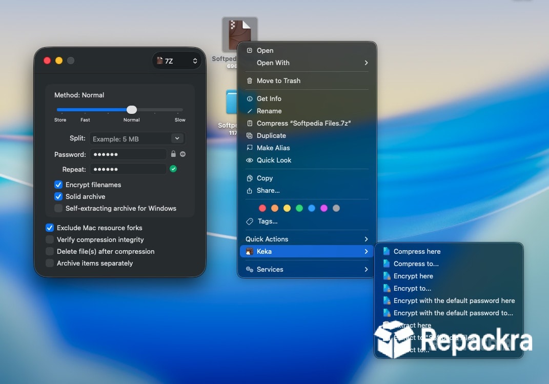 Keka Compression Settings and macOS Finder Context Menu Submenu