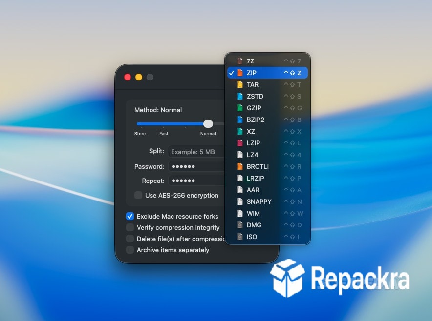 Keka Compression Format Dropdown Menu Selection on macOS