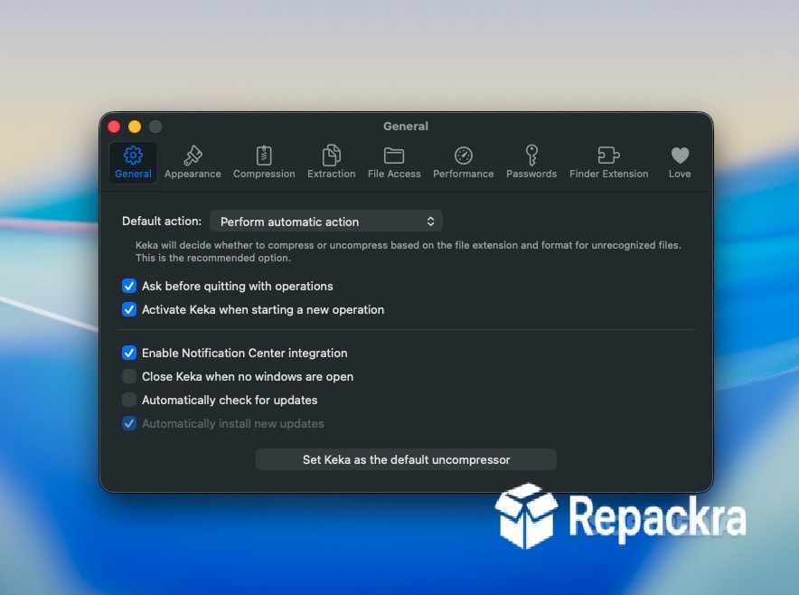 Keka General Preferences Settings Panel on macOS