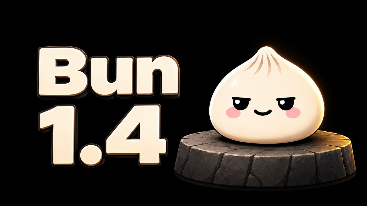 Bun 1.4 Release Graphic Banner Featuring 3D Mascot Character on Stone Pedestal