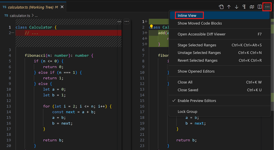 Visual Studio Code Diff Editor Showing Side-by-Side View and Inline View Menu Option