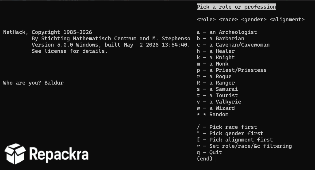 NetHack Character Creation Screen Showing Role Selection Options
