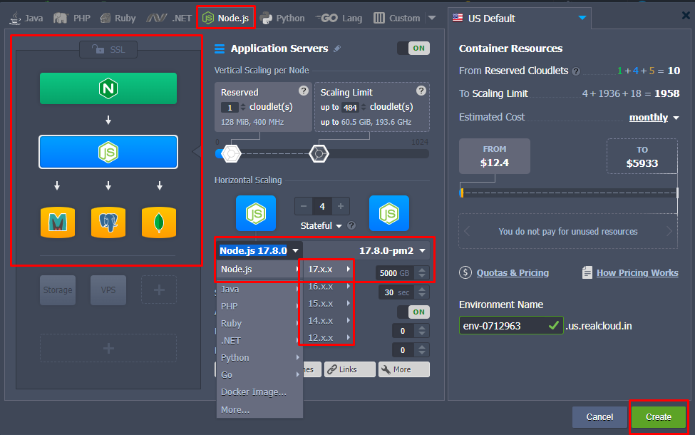 Jelastic Cloud Platform Environment Topology Configuration Interface for Node.js Application